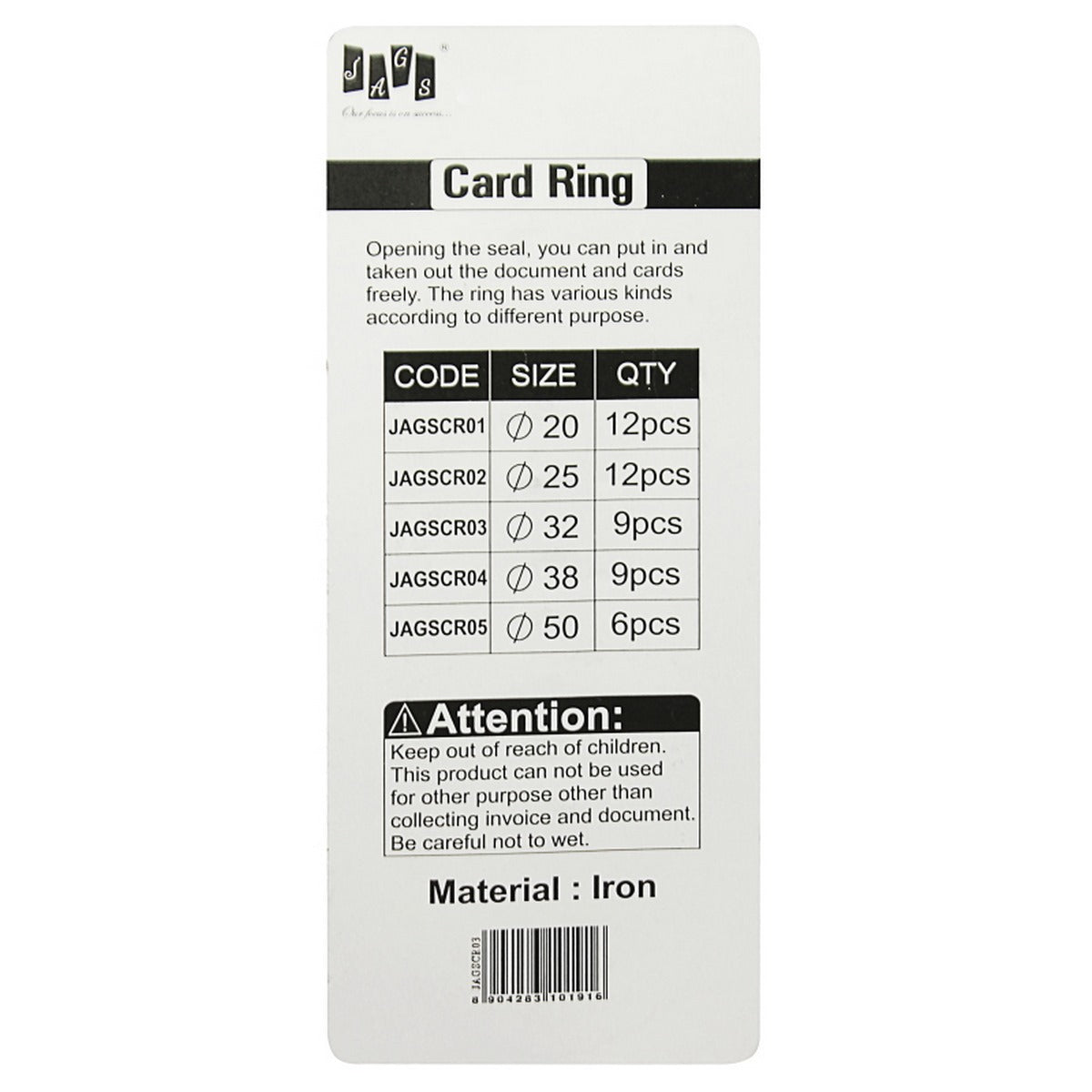 Book Ring Card Packing 32MM 8pcs JAGSCR03