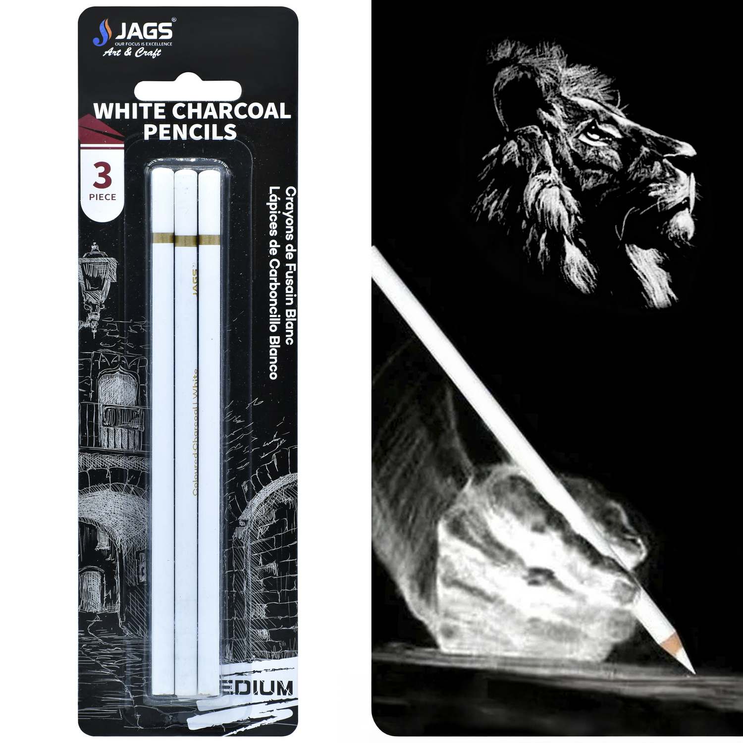 Jags White Charcoal Pencils 3 Piece SBT-3B