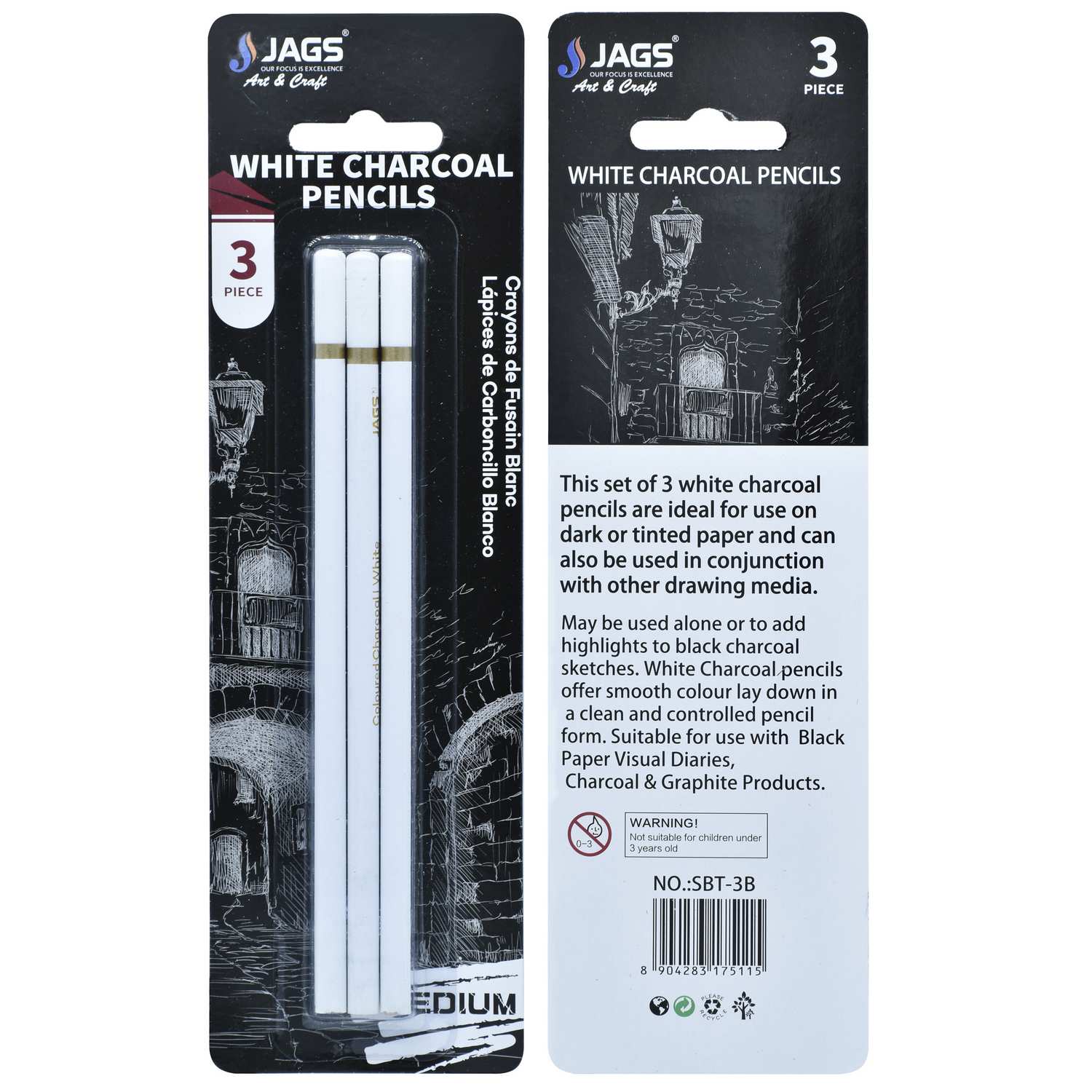 Jags White Charcoal Pencils 3 Piece SBT-3B
