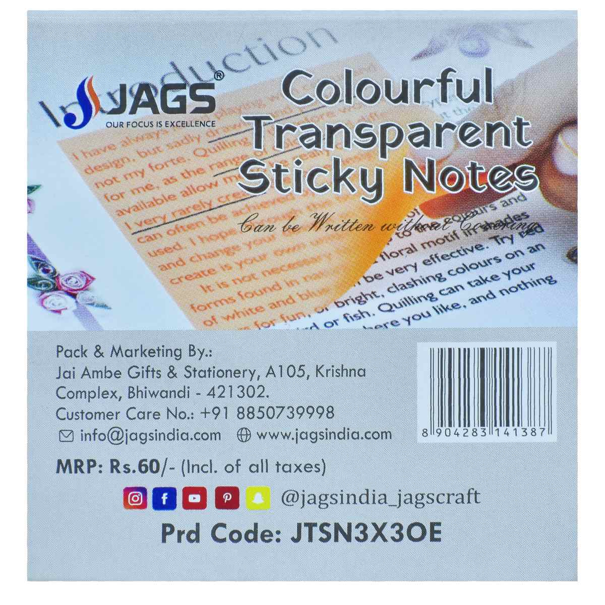 Jags Transparent Sticky Note 50 Sheet 3X3 Orange JTSN3X3OE